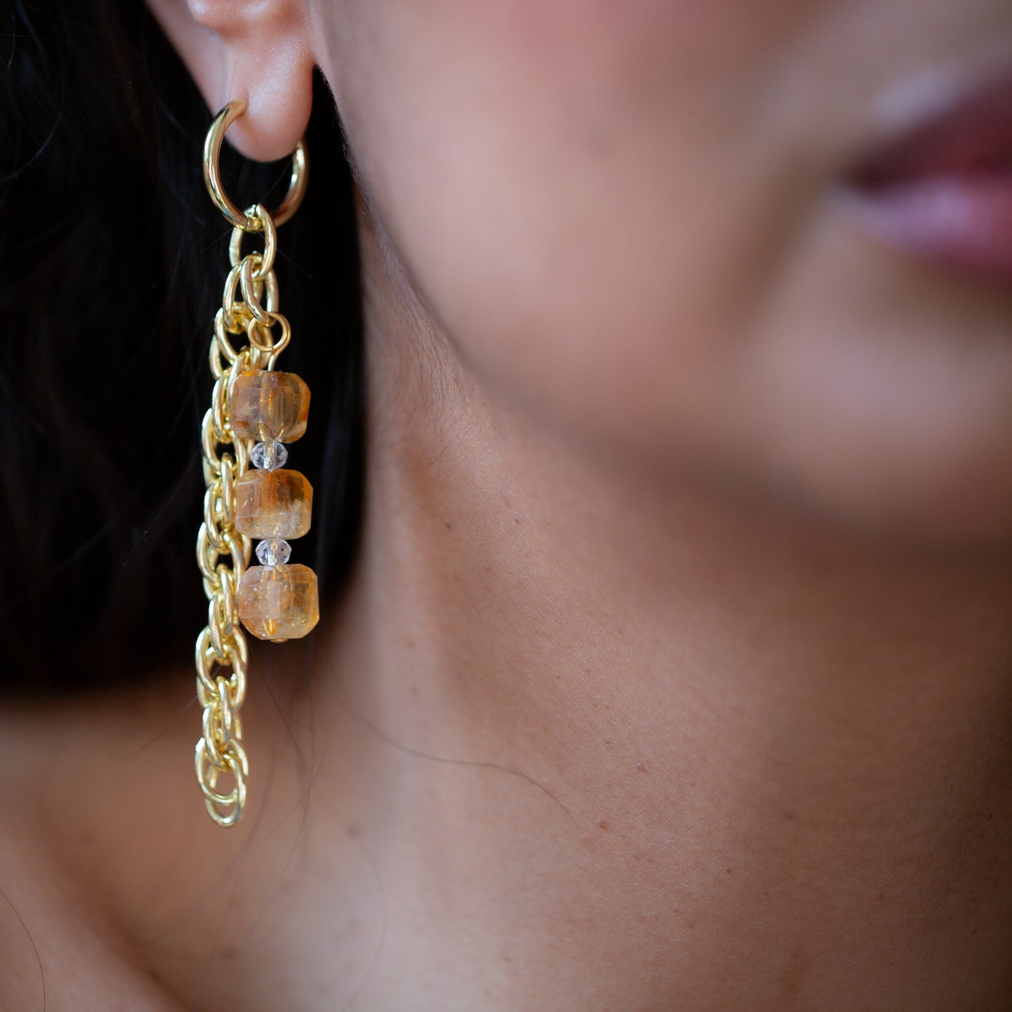 Boucles d'oreilles Citrine et Chaîne d'Or