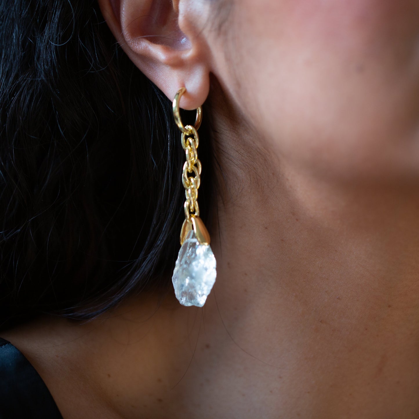 Boucles d'oreilles Cristal de roche et Chaine d'Or