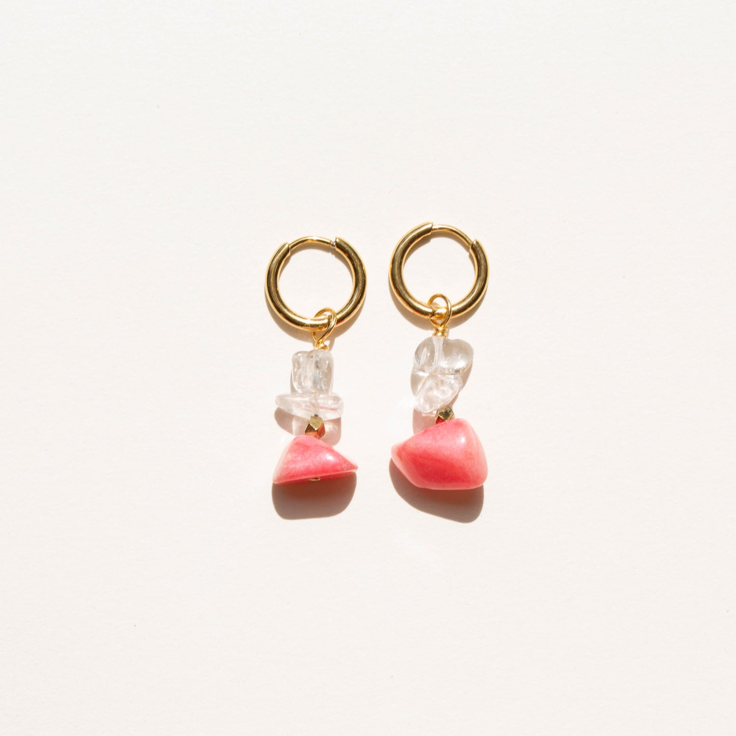 Boucles d'oreilles Cristal de roche et Pierre rose