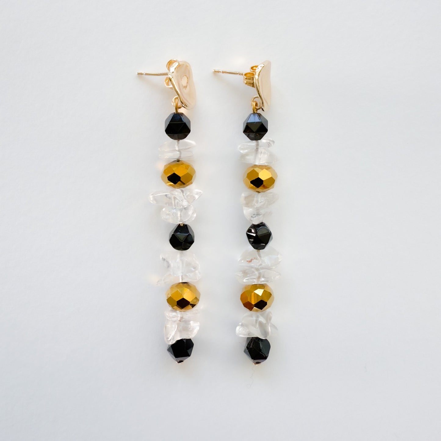 Boucles d'oreilles Pierre Onyx, Cristal de roche et Cristal de bohème dorée