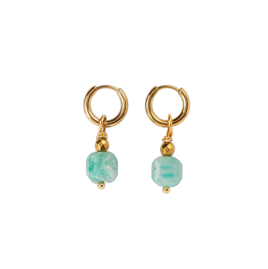 Boucles d'oreilles Anneau plaqué or - Amazonite cube ciselée
