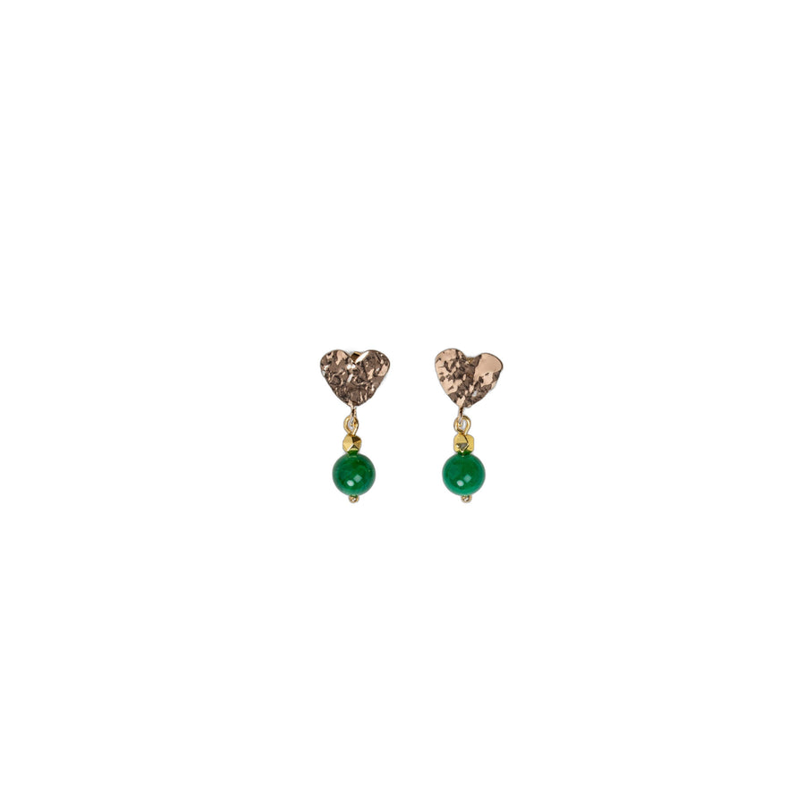 Heart-shaped hammered leverback earrings - Green Agate Stone