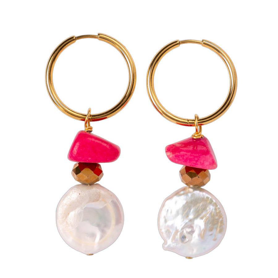 Boucles d'oreilles Perle d'eau douce ronde irrégulière, Perle de cristal de bohème et Pierre rose