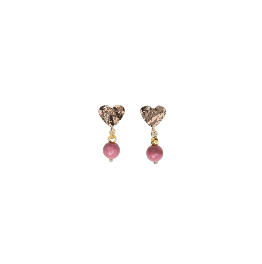 Boucles d'oreilles attache martélée en forme de coeur - Pierre naturelle de Rhodonite