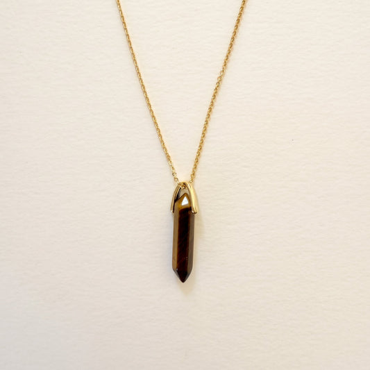 Collier pendentif œil de tigre pointe, chaîne plaquée or — RÉALISE Paris