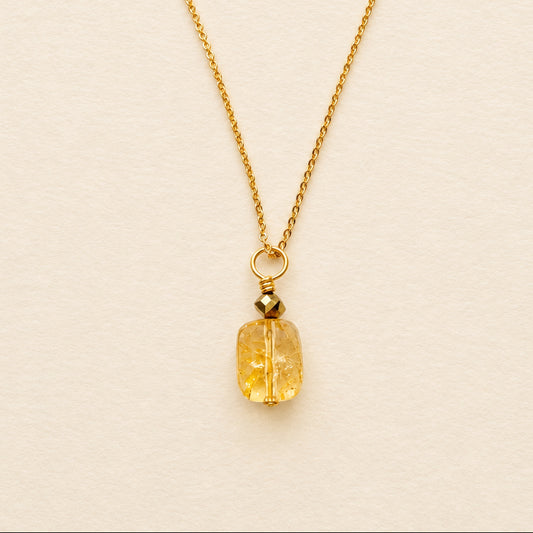 Collier pendentif citrine rectangle & hématite dorée, chaîne plaquée or — RÉALISE Paris