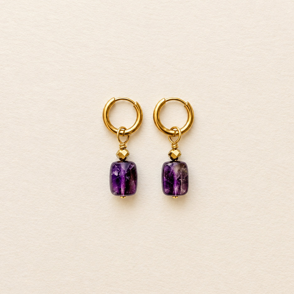 Boucles d'oreilles améthyste rectangle, anneaux plaqués or — RÉALISE Paris