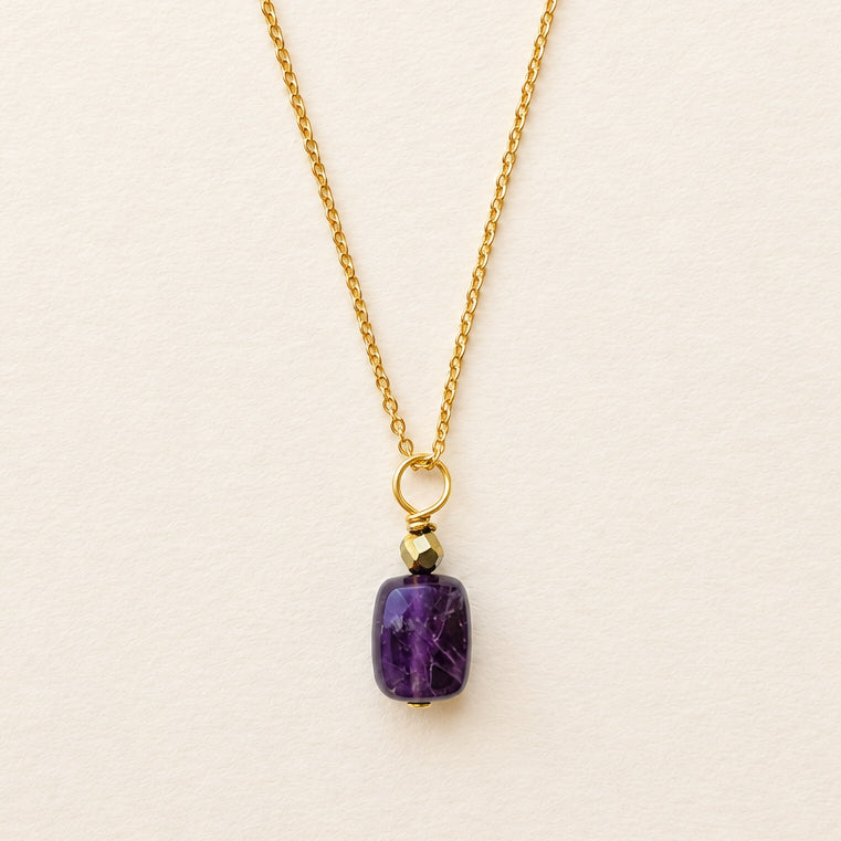 Collier pendentif améthyste rectangle & hématite dorée, chaîne plaquée or — RÉALISE Paris