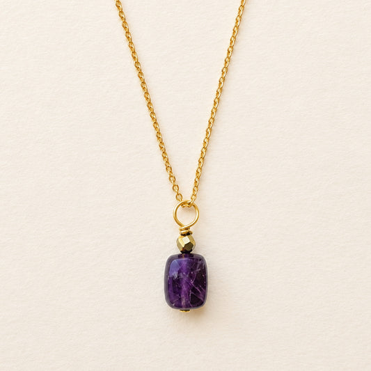 Collier pendentif améthyste rectangle & hématite dorée, chaîne plaquée or — RÉALISE Paris