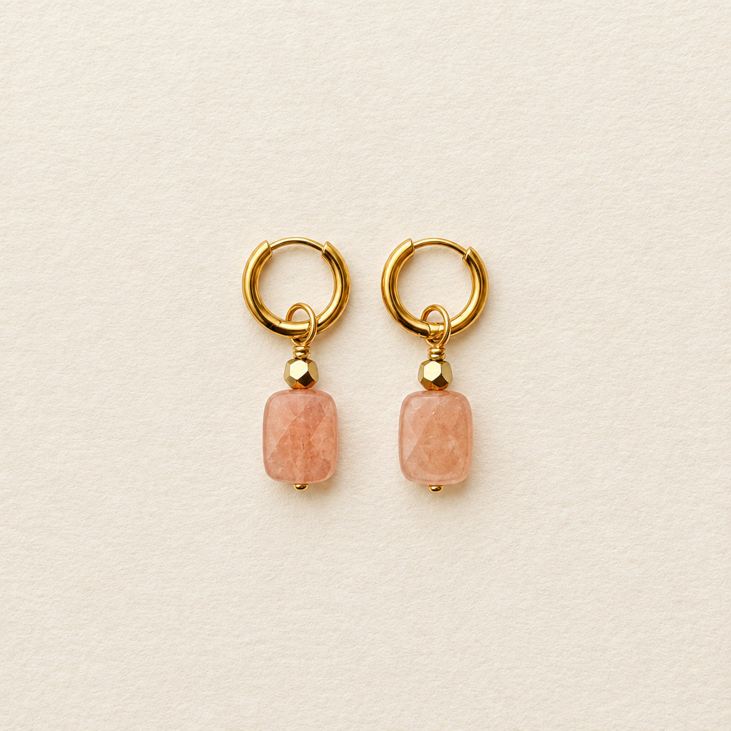 Boucles d'oreilles pierre de soleil rectangle, anneaux plaqués or — RÉALISE Paris