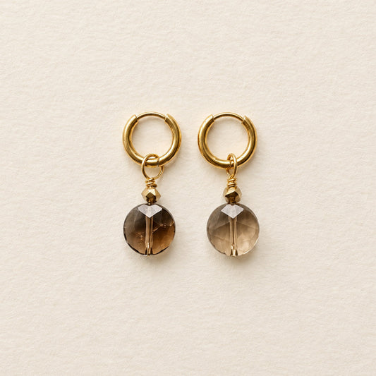 Boucles d'oreilles quartz fumé petite ronde plate — anneaux plaqués or