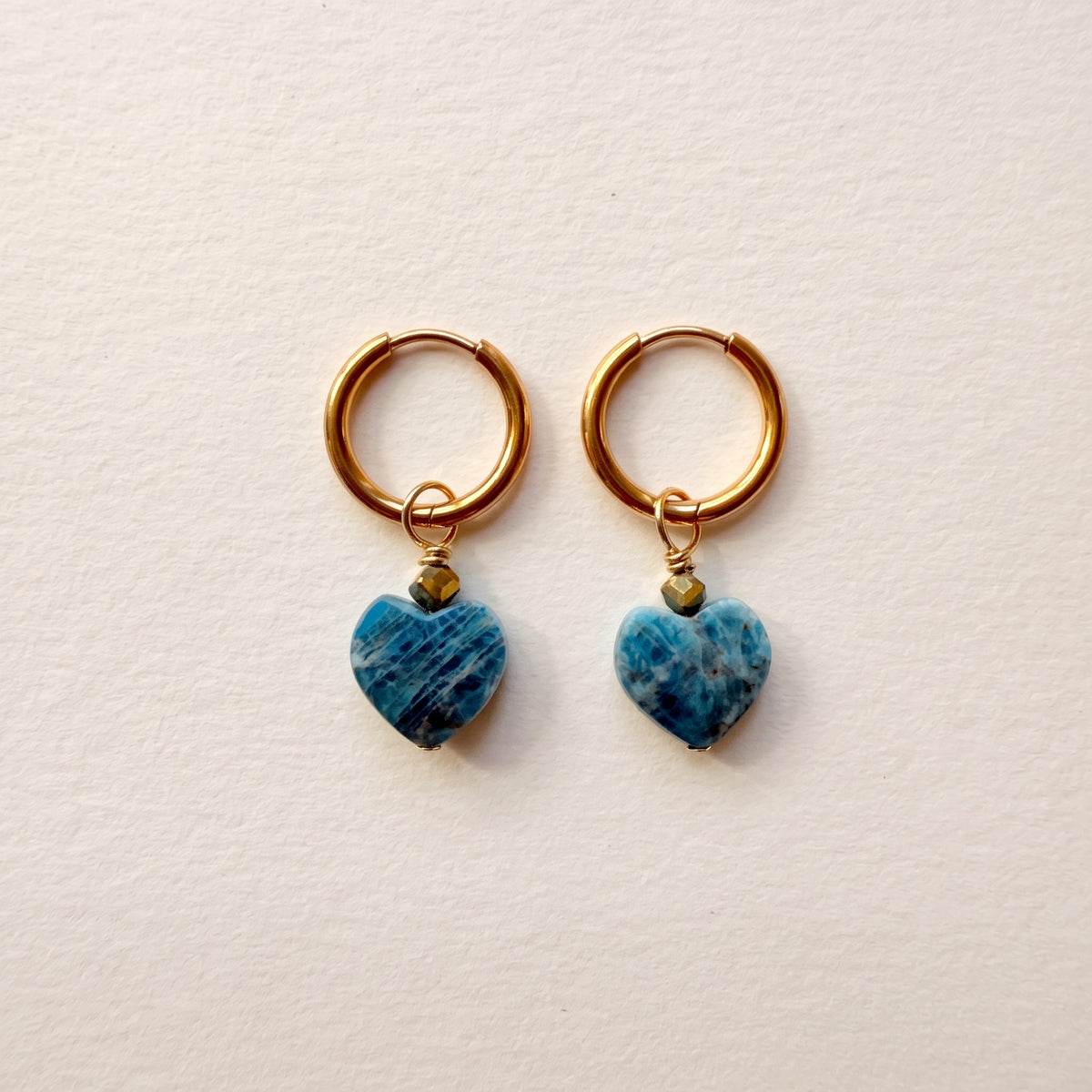 Flat heart apatite earrings — gold-plated hoops