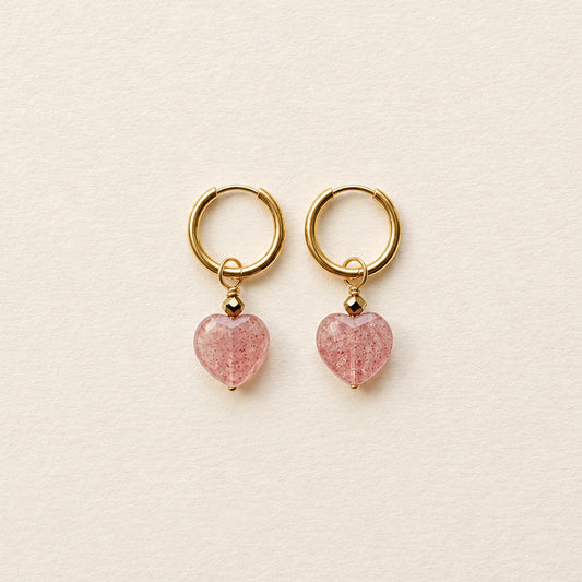Boucles d'oreilles quartz fraise cœur plat — anneaux plaqués or