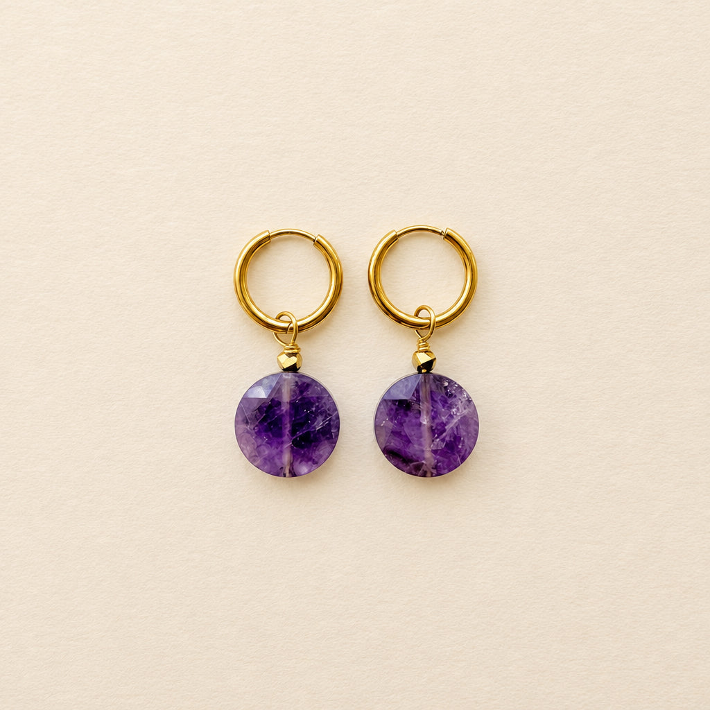 Boucles d'oreilles améthyste grande ronde plate — anneaux plaqués or