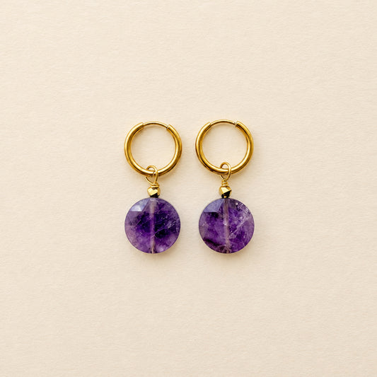 Boucles d'oreilles améthyste grande ronde plate — anneaux plaqués or