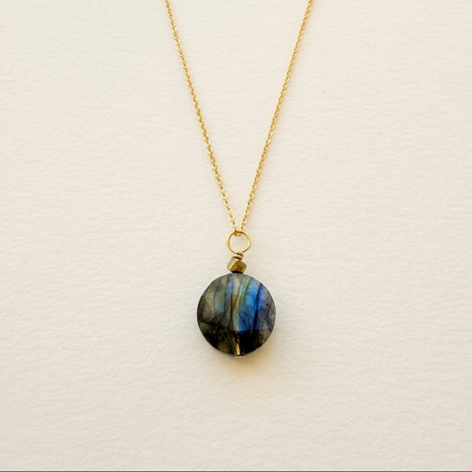 Small flat round labradorite and gold hematite pendant necklace — gold-plated chain