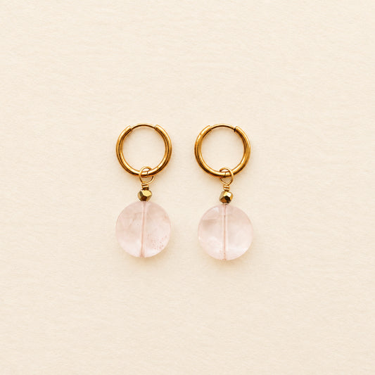 Boucles d'oreilles quartz rose grande ronde plate — anneaux plaqués or