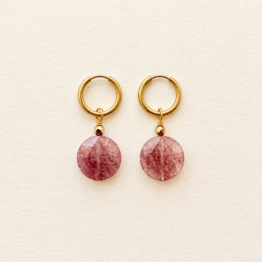 Boucles d'oreilles quartz fraise grande ronde plate — anneaux plaqués or