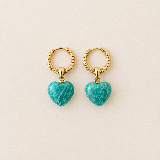 Boucles d'oreilles amazonite cœur bombé — anneaux ciselés