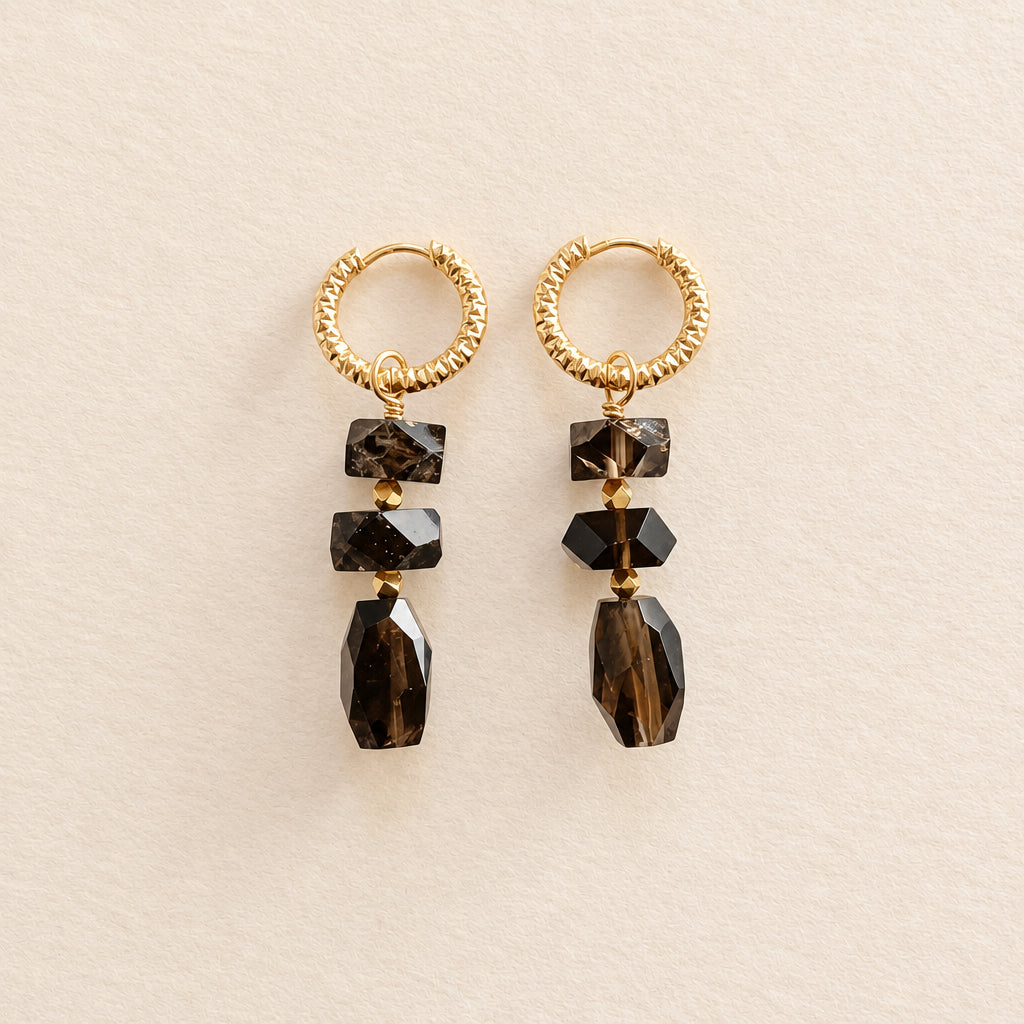 Boucles d'oreilles quartz fumé empilé, anneaux ciselés — RÉALISE Paris