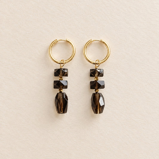 Boucles d'oreilles quartz fumé empilé, anneaux plaqués or — RÉALISE Paris