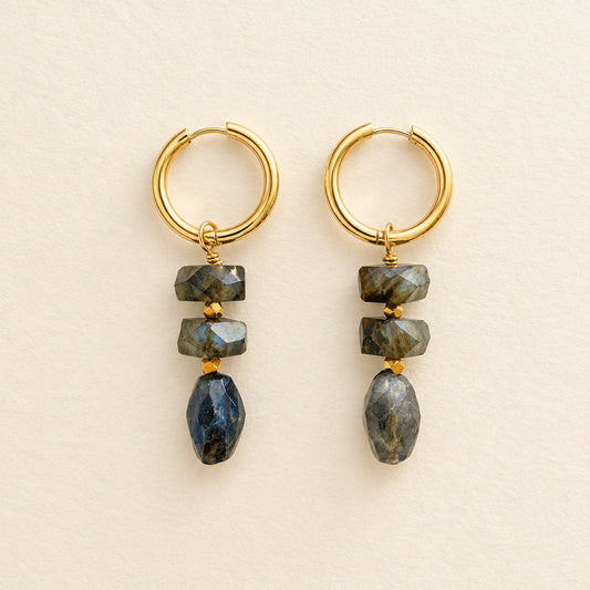 Boucles d'oreilles labradorite empilé, anneaux plaqués or — RÉALISE Paris
