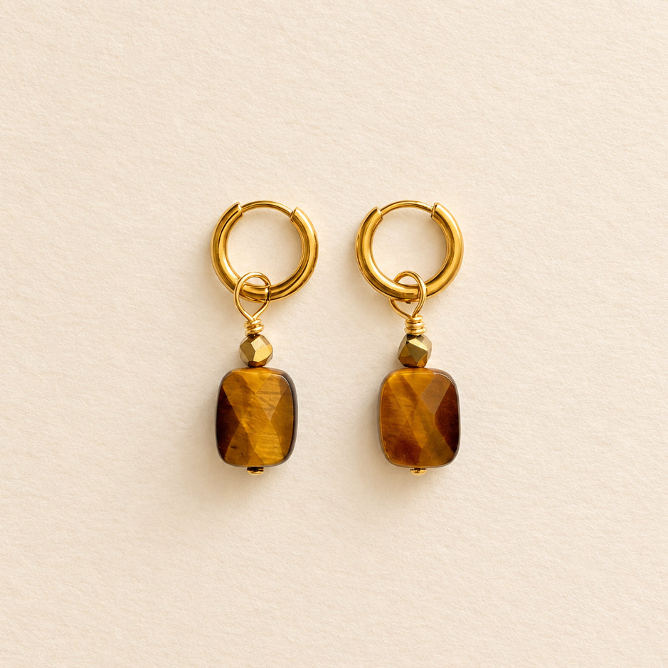 Boucles d'oreilles œil de tigre rectangle, anneaux plaqués or — RÉALISE Paris
