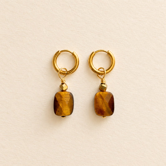 Boucles d'oreilles œil de tigre rectangle, anneaux plaqués or — RÉALISE Paris