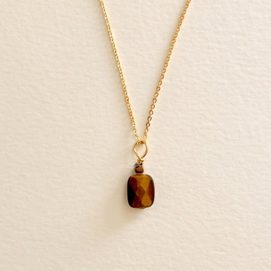 Collier pendentif œil de tigre rectangle & hématite dorée, chaîne plaquée or — RÉALISE Paris