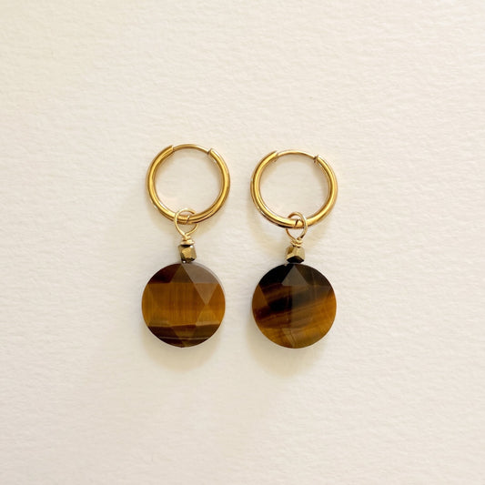 Boucles d'oreilles œil de tigre grande ronde plate — anneaux plaqués or