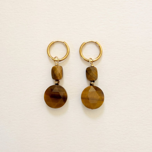 Boucles d'oreilles œil de tigre double ronde plate & rectangle, anneaux plaqués or — RÉALISE Paris