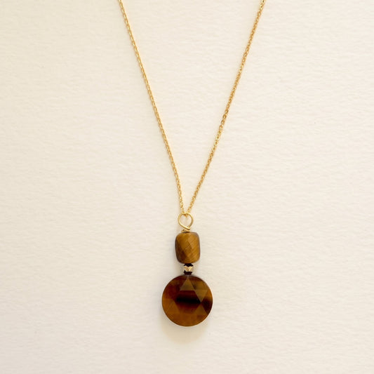 Collier pendentif œil de tigre double ronde plate & rectangle, chaîne plaquée or — RÉALISE Paris