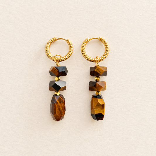 Boucles d'oreilles œil de tigre empilé, anneaux ciselés — RÉALISE Paris