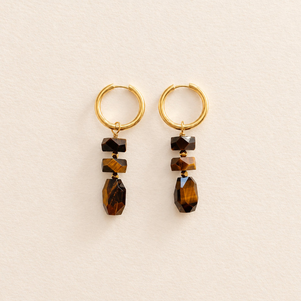 Boucles d'oreilles œil de tigre empilé, anneaux plaqués or — RÉALISE Paris