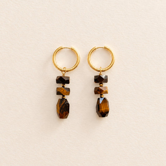 Boucles d'oreilles œil de tigre empilé, anneaux plaqués or — RÉALISE Paris
