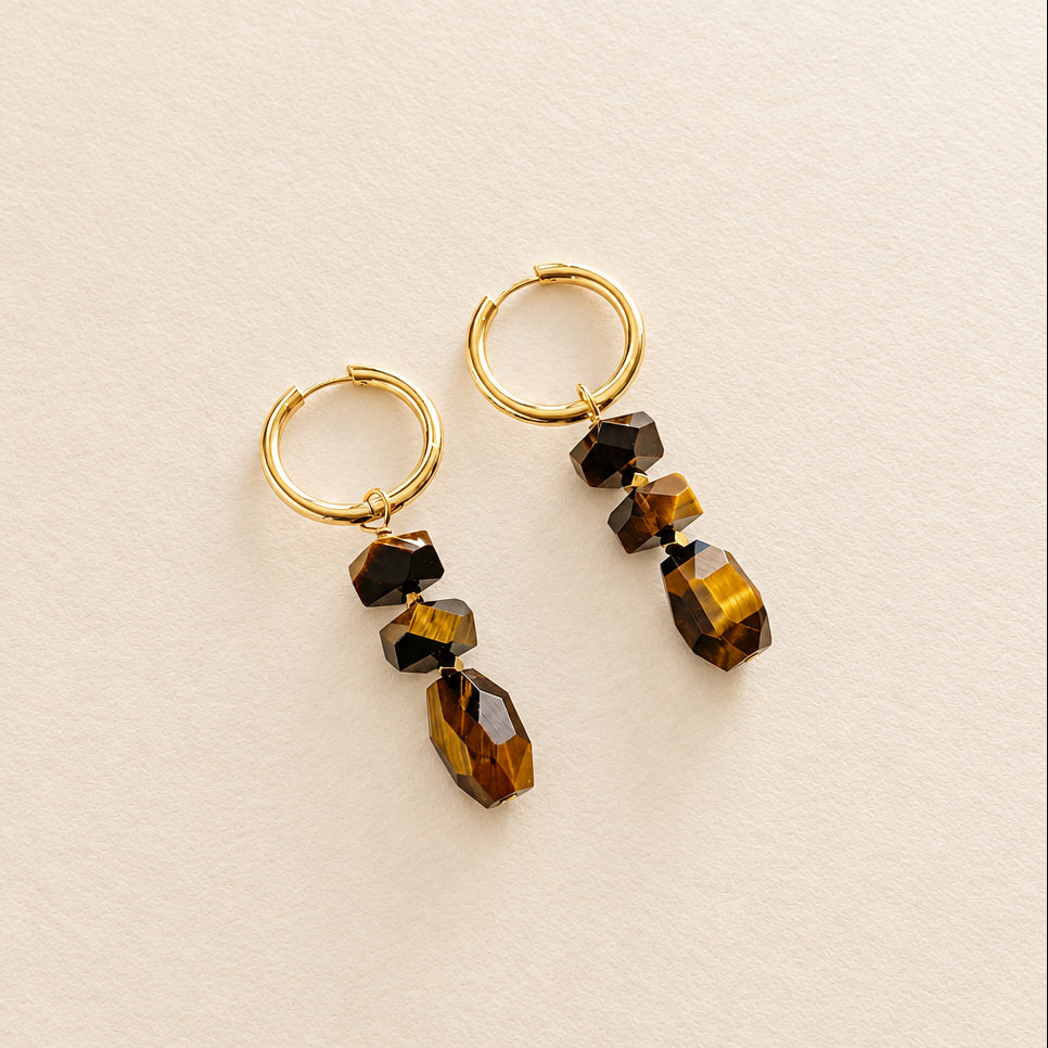 Boucles d'oreilles œil de tigre empilé, anneaux plaqués or — RÉALISE Paris
