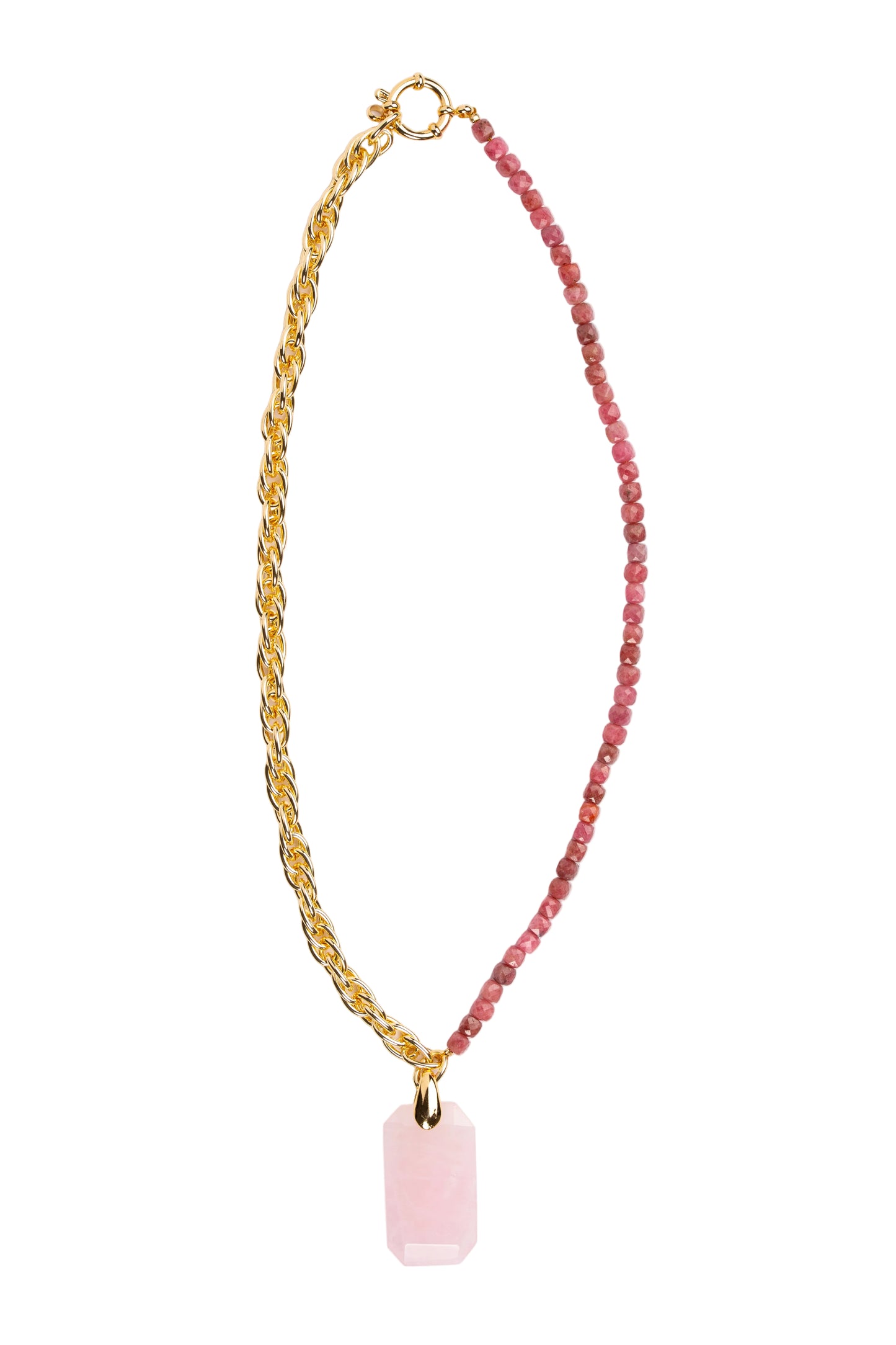Collier en rhodonite & pendentifs en quartz rose ciselé – Chaîne plaquée or fin
