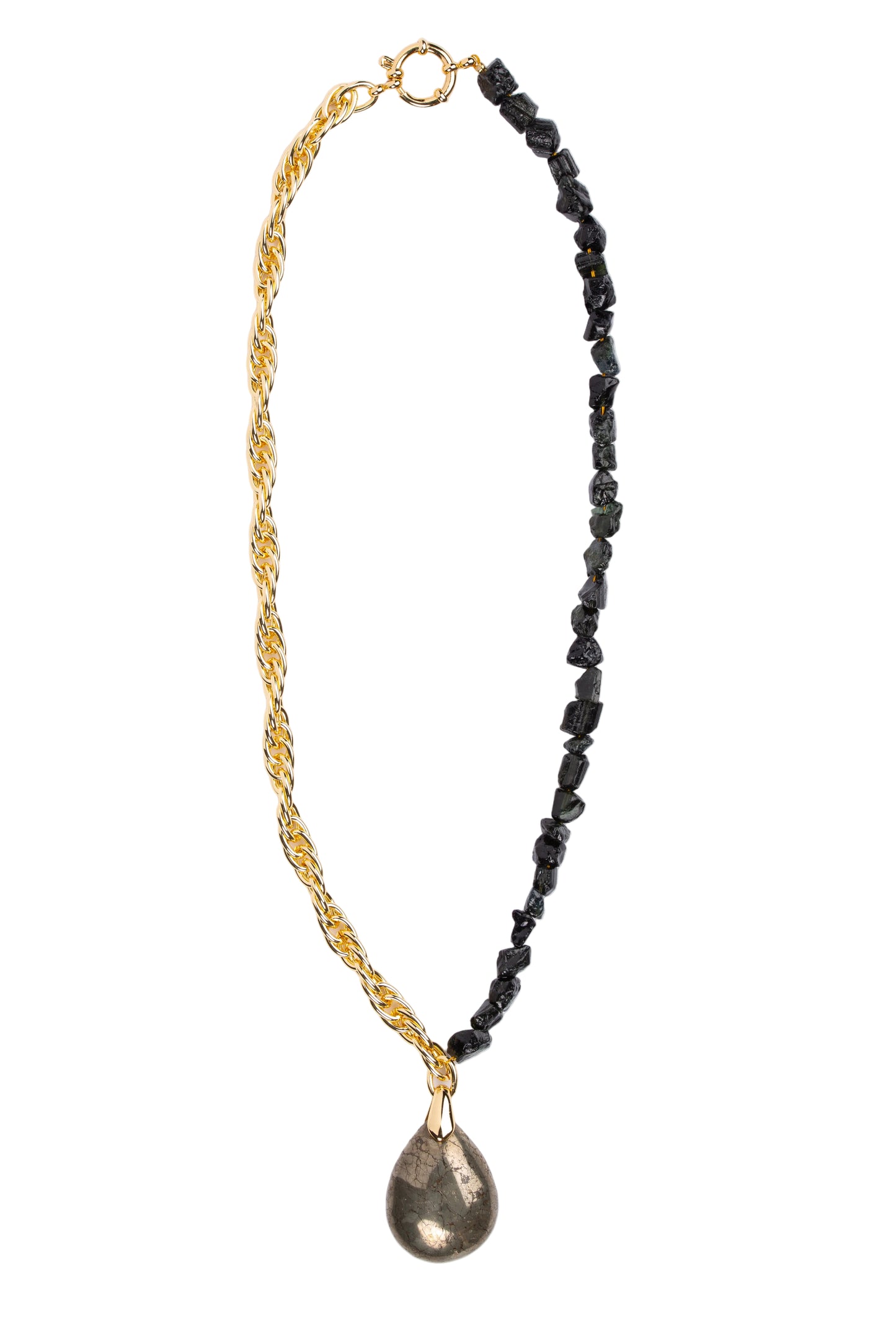 Collier chaîne torsadée et Tourmaline noire brut avec son pendentif en pyrite en forme de goutte