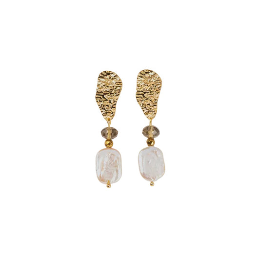 Boucles d’oreilles en quartz fumé et perles d’eau douce – Attaches martelées