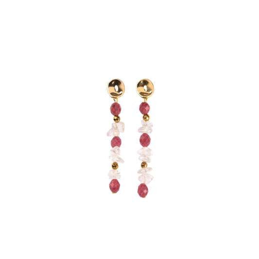 BOUCLES D'OREILLES PENDANTES - RHODONITE & CRISTAL DE ROCHE