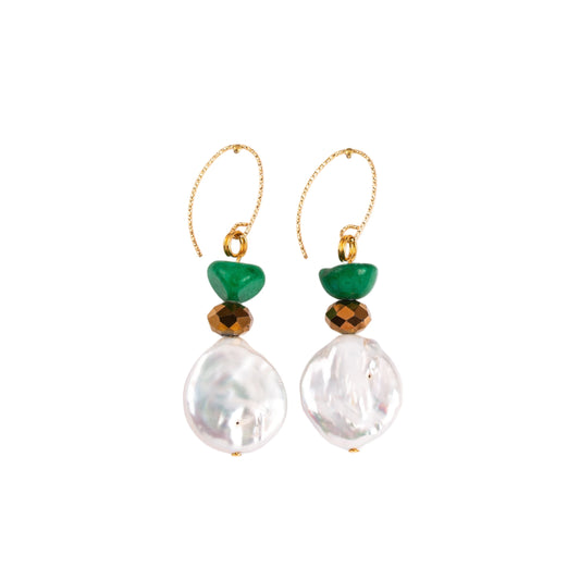 Boucles d'oreilles Perle d'eau douce ronde irrégulière, Cristal de bohème, Pierre verte