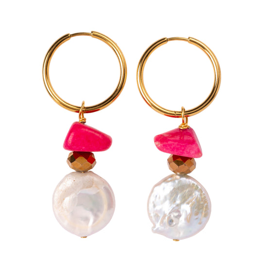 Boucles d'oreilles Perle d'eau douce ronde irrégulière, Perle de cristal de bohème et Pierre rose
