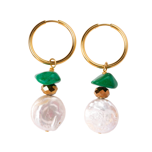 Boucles d'oreilles Perle d'eau douce, Perle de cristal de bohème dorée et Pierre verte