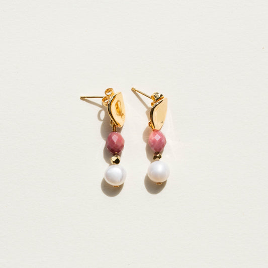 Boucles d'oreilles Perle d'eau douce et Rhodonite
