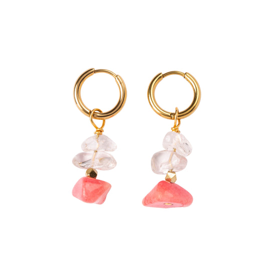 Boucles d'oreilles Cristal de roche et Pierre rose