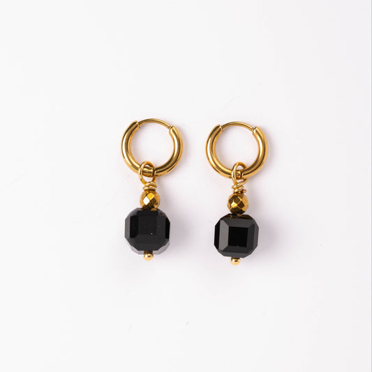 Boucles d'oreilles Anneau plaqué or - Pierre d'onyx cube ciselée