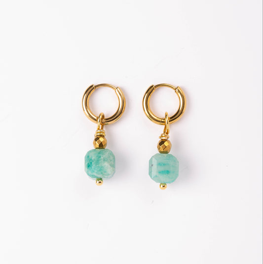 Boucles d'oreilles Anneau plaqué or - Amazonite cube ciselée