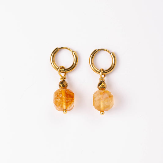 Boucles d'oreilles Anneaux plaqué or - Citrine cube ciselée