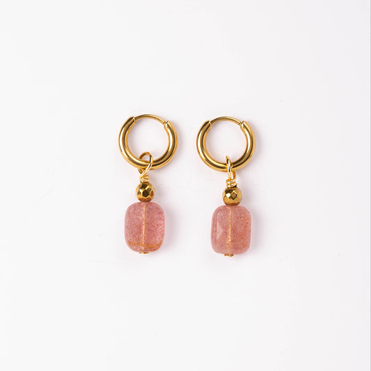 Boucles d'oreilles Anneau plaqué or - Quartz fraise rectangulaire