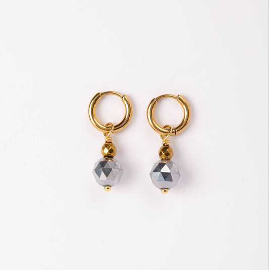 Boucles d’oreilles Anneau plaqué or – Hématite argentée facettée